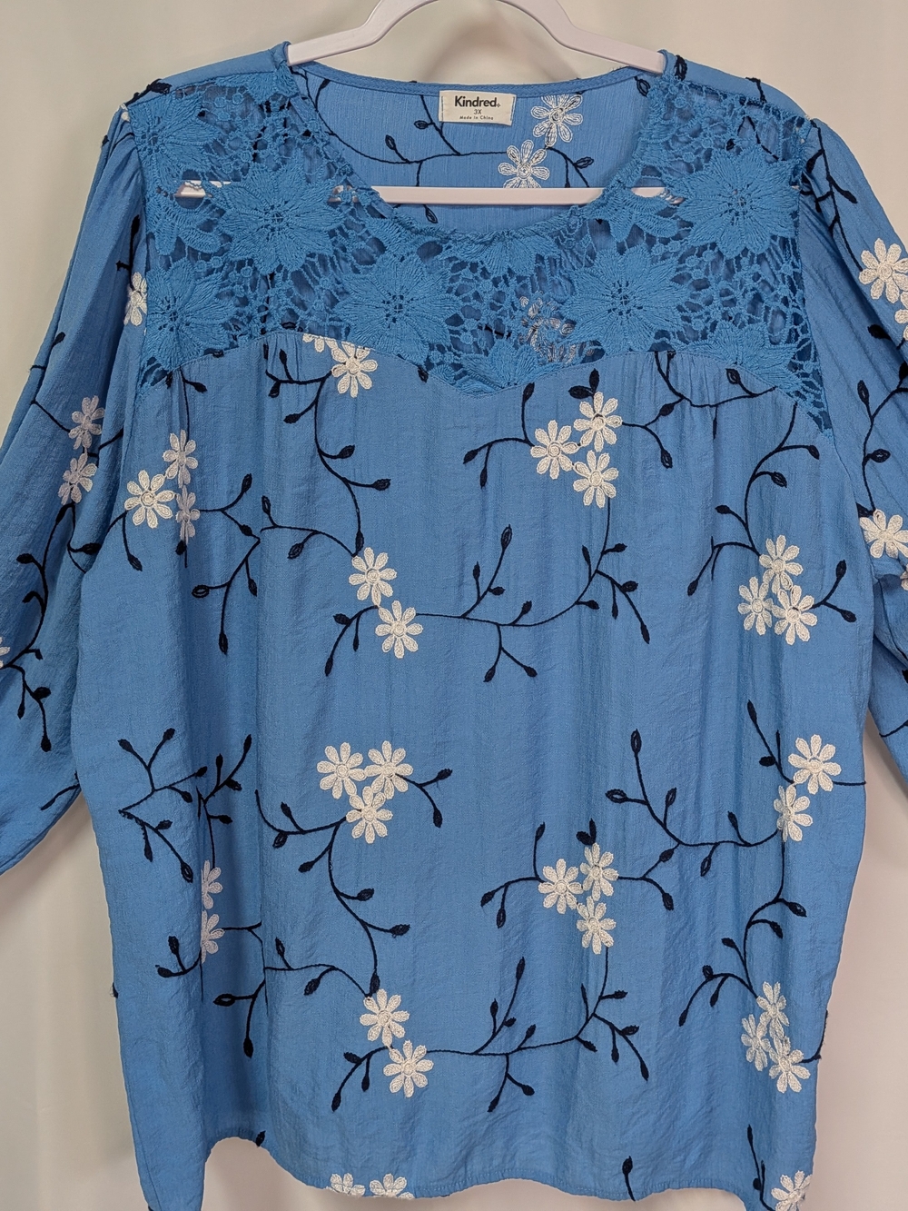 Kindred Blue Floral Crochet Yoke Tunic Top